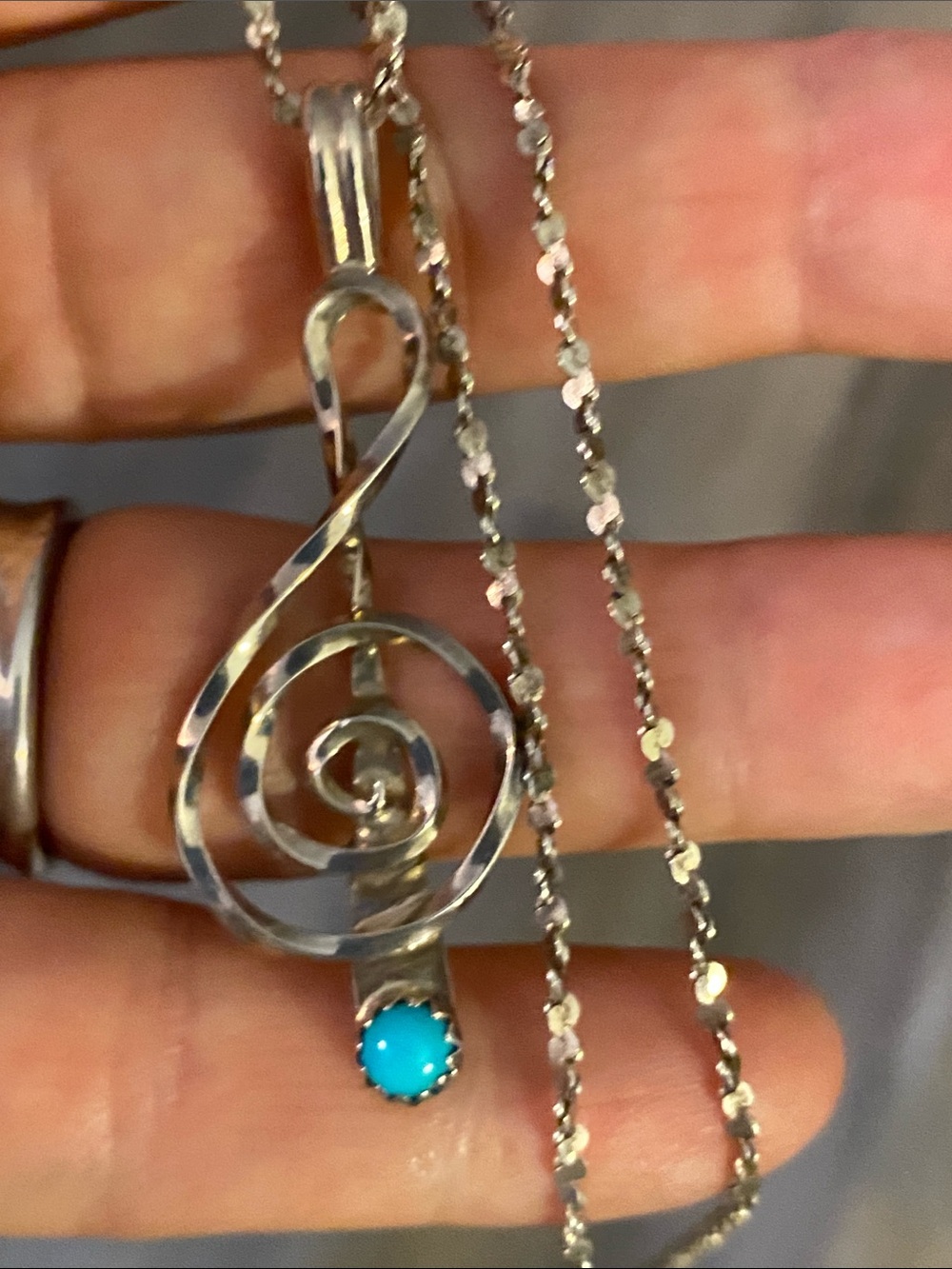 Mary Garrett Navajo Sterling Silver Turquoise Treble Clef Pendant Necklace